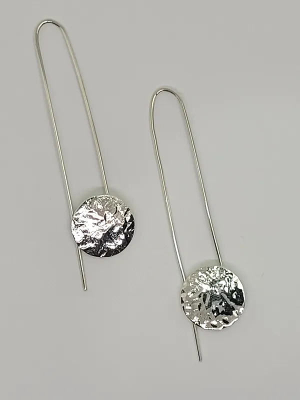Long threader earrings with textured silver discs