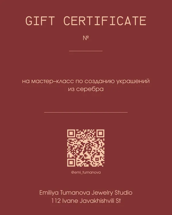 The studio's gift certificate: a deep red card with a QR code